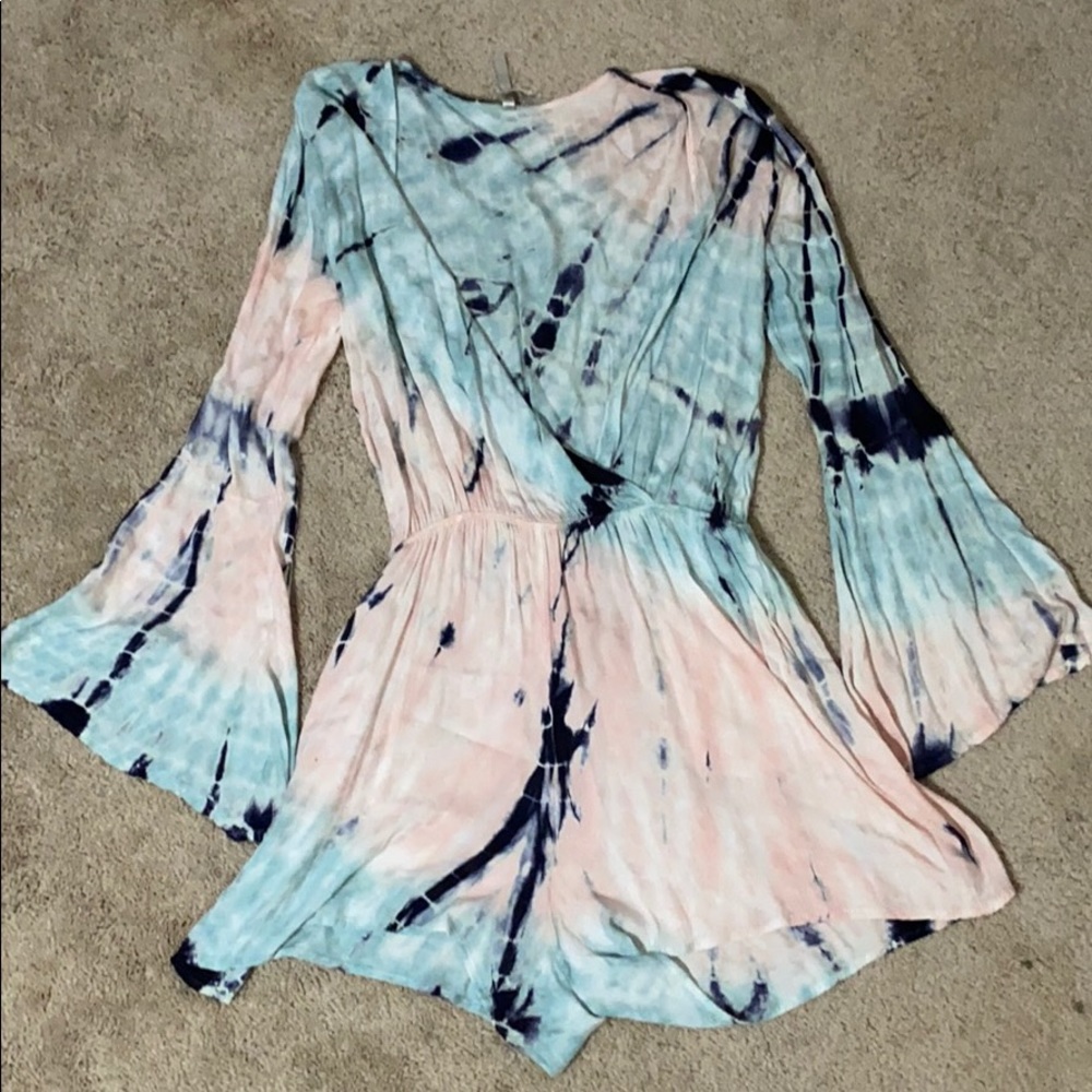 Tie Die Romper with 3/4 bell sleeves